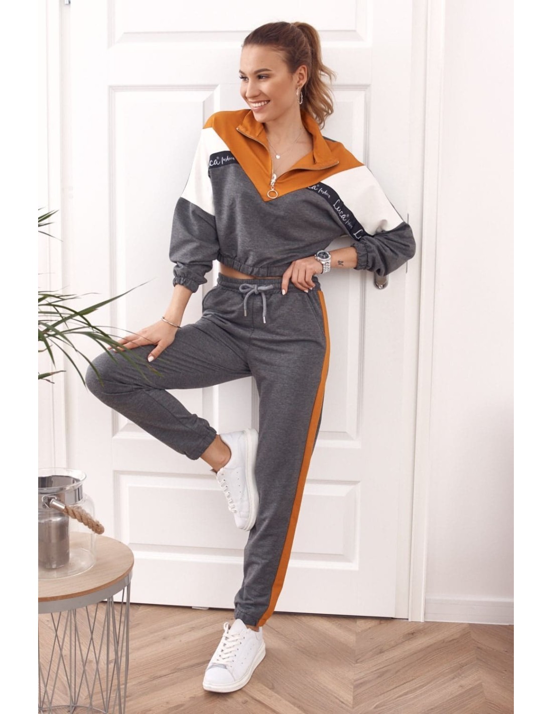 Comfortable tracksuit, sweatshirt with a stand-up collar and trousers, mustard-gray 01039 - Online store - Boutique